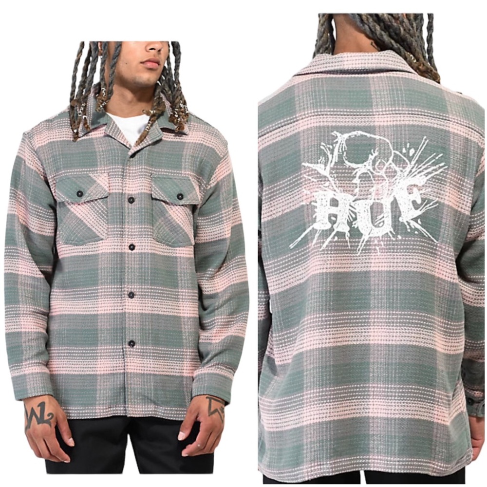 NWT HUF Smash Pink & Green Flannel Shirt Heavyweight Zumiez Men's size Medium